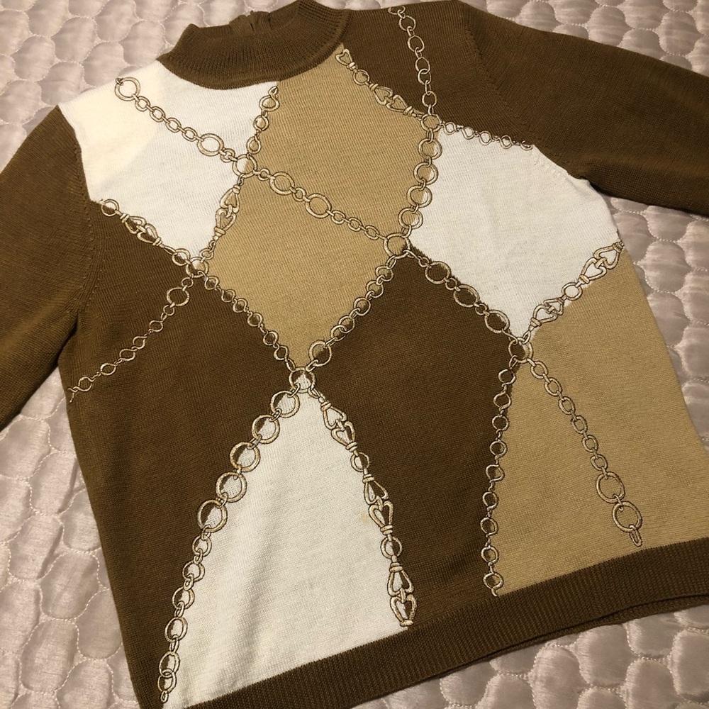 Alfred Dunner Chain Print Mock Neck Knit Sweater Brown Tan- Petite Medium